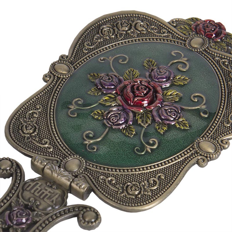 Nerien Vintage Metal Handheld Makeup Mirror with Comb - Russian Style Embossed Rose - Travel Portable Foldable Mirror - Decorative Tabletop Stand - Bronze - Image 5